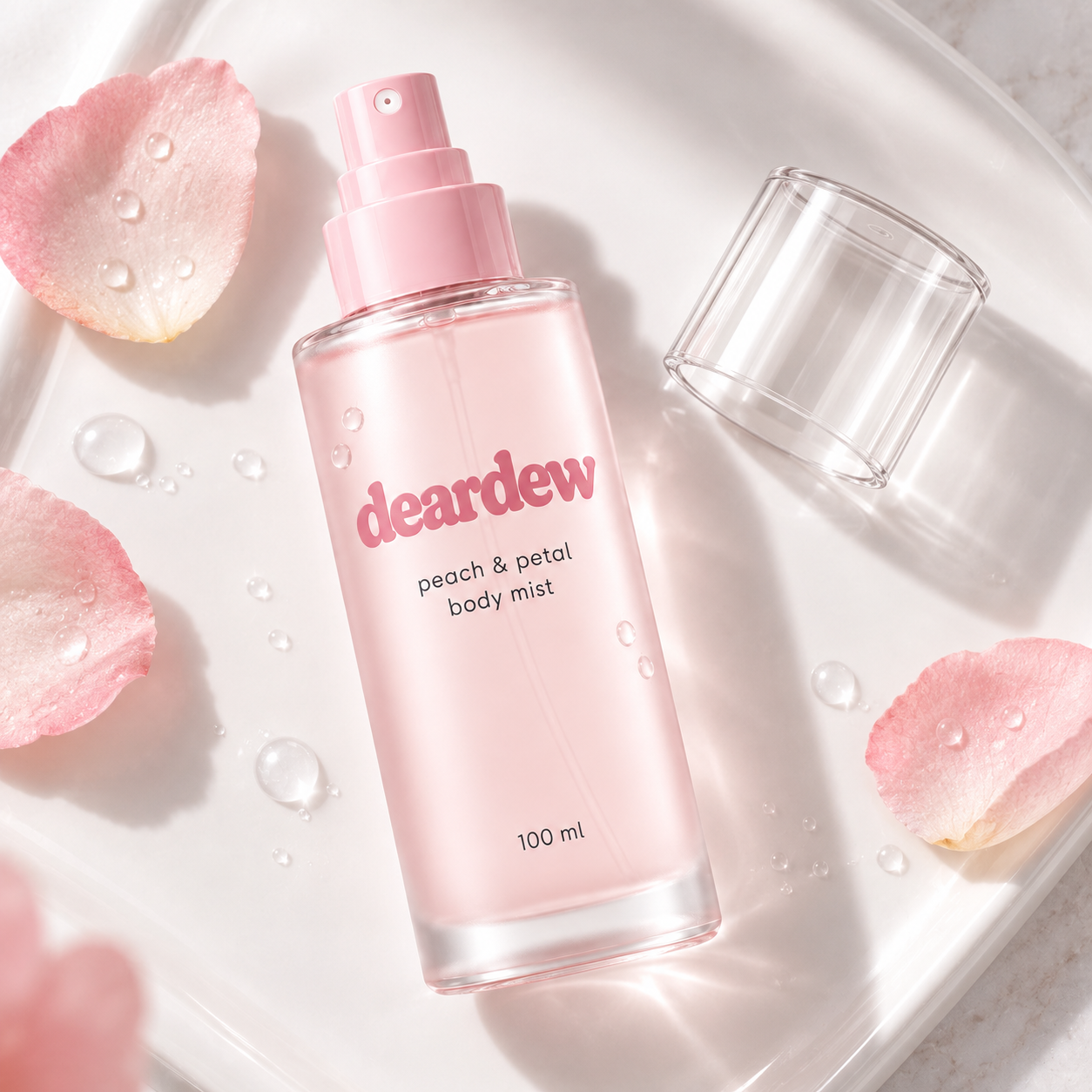 Dear Dew Peach & Petal Body Mist, 100 ml — packaging and texture detail