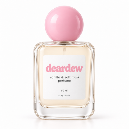 Dear Dew Vanilla & Soft Musk Perfume, 50 ml — front packaging on white