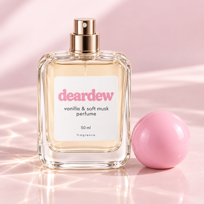 Dear Dew Vanilla & Soft Musk Perfume, 50 ml — packaging and texture detail