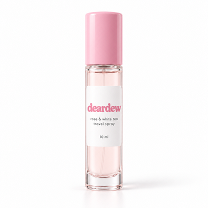 Dear Dew Rose & White Tea Travel Spray, 10 ml — front packaging on white
