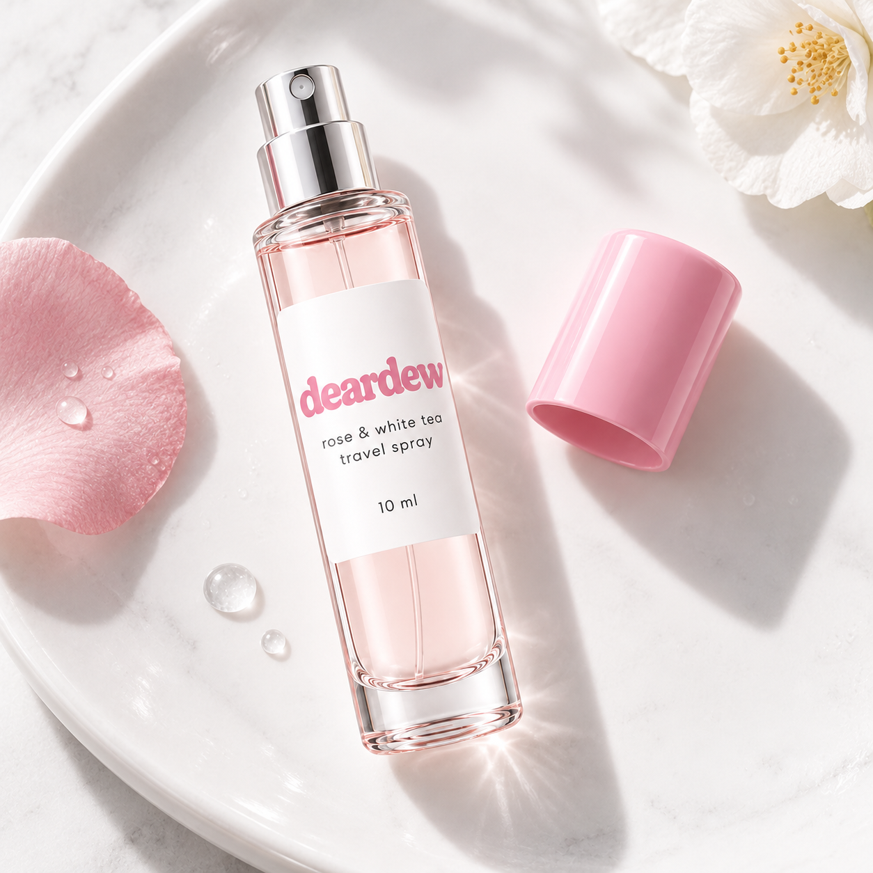 Dear Dew Rose & White Tea Travel Spray, 10 ml — packaging and texture detail