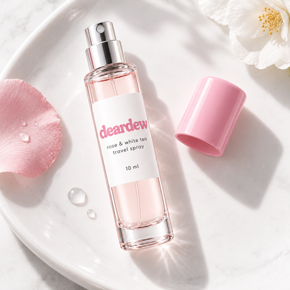 Dear Dew Rose & White Tea Travel Spray, 10 ml — packaging and texture detail