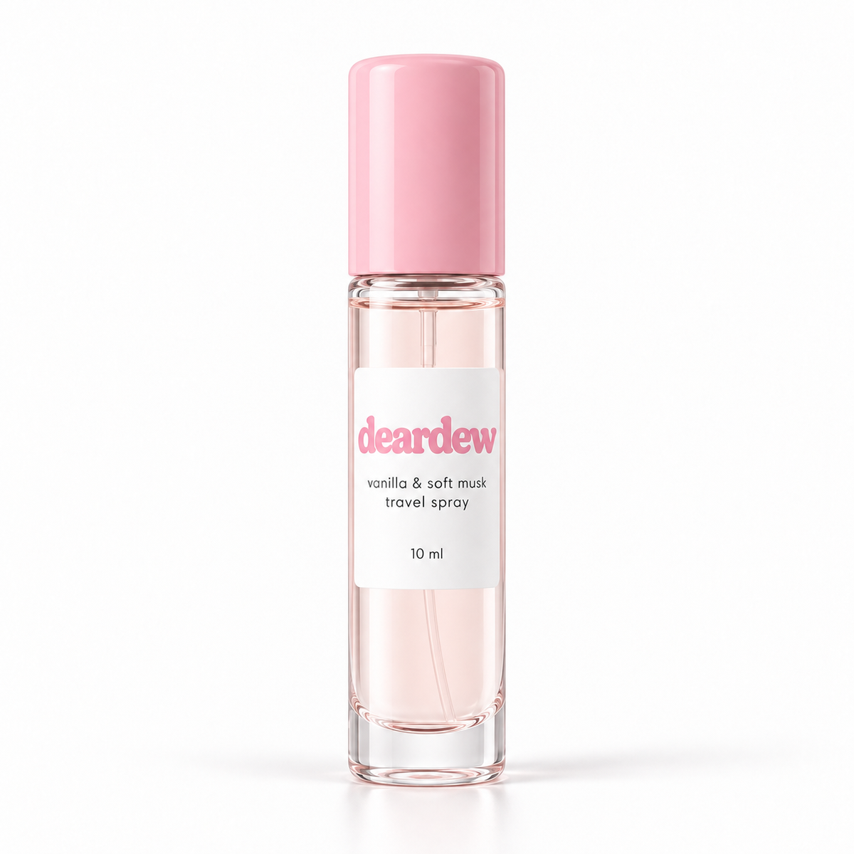 Dear Dew Vanilla & Soft Musk Travel Spray, 10 ml — front packaging on white