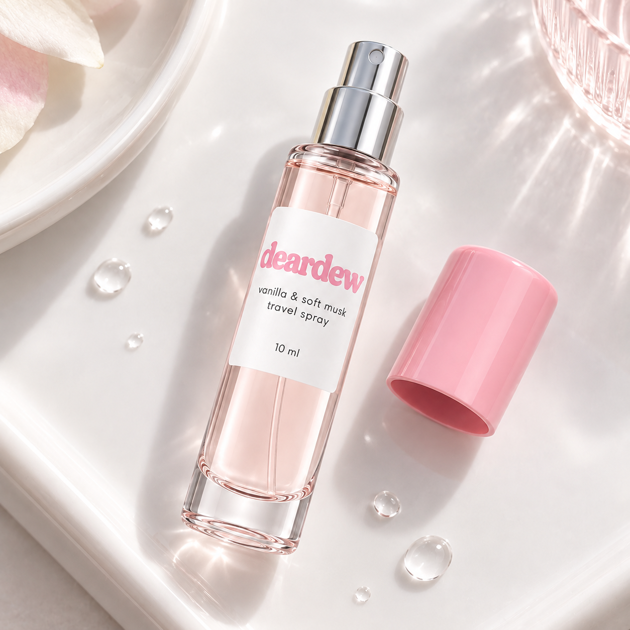 Dear Dew Vanilla & Soft Musk Travel Spray, 10 ml — packaging and texture detail