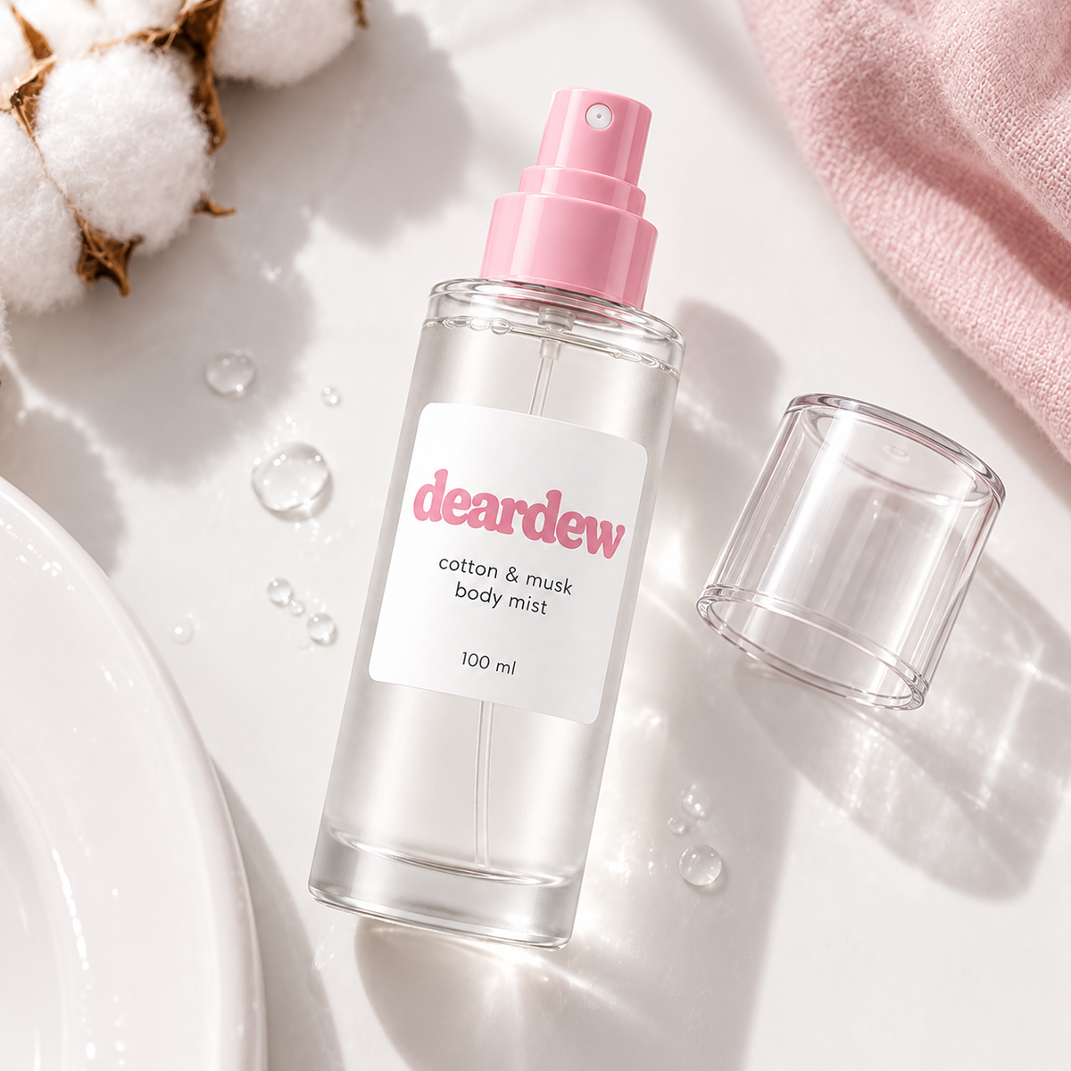 Dear Dew Cotton & Musk Body Mist, 100 ml — packaging and texture detail