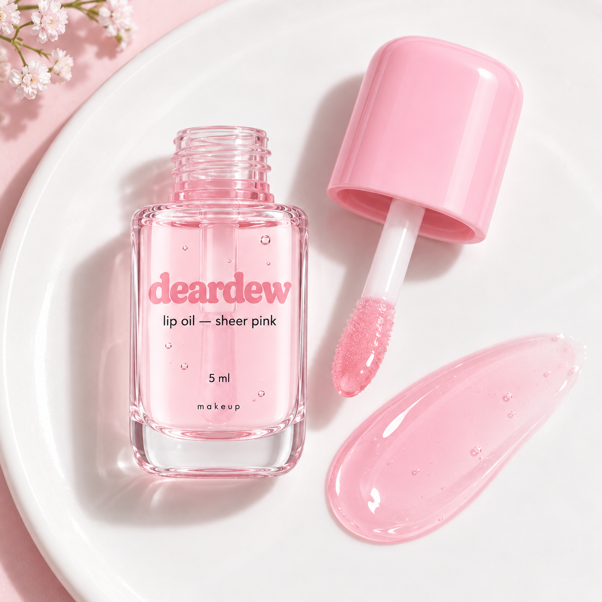 Dear Dew Lip Oil — Sheer Pink, 5 ml — packaging and texture detail