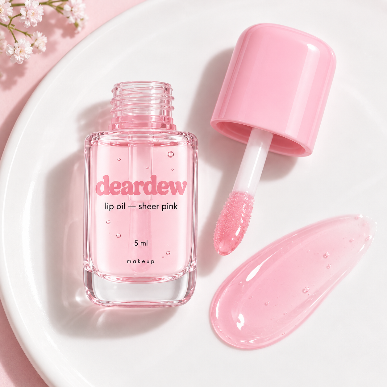 Dear Dew Lip Oil — Sheer Pink, 5 ml — packaging and texture detail