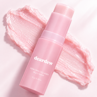 DearDew pink balm with a close-up of its melting texture
