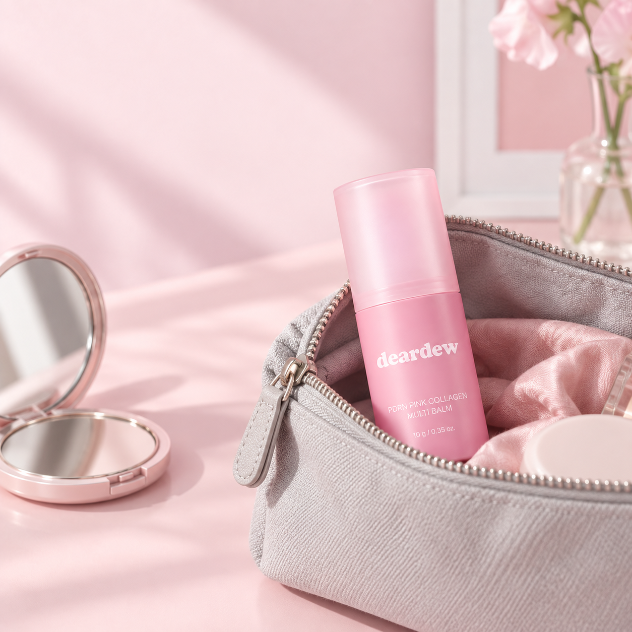 DearDew multi balm inside a cosmetic pouch for daily touch-ups