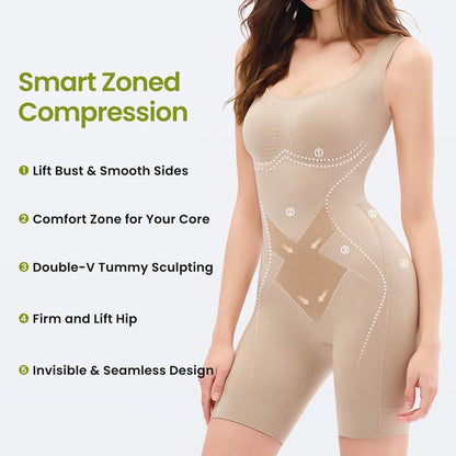 Easy-Off Sculpting Bodysuit in Beige with illustrated compression zones