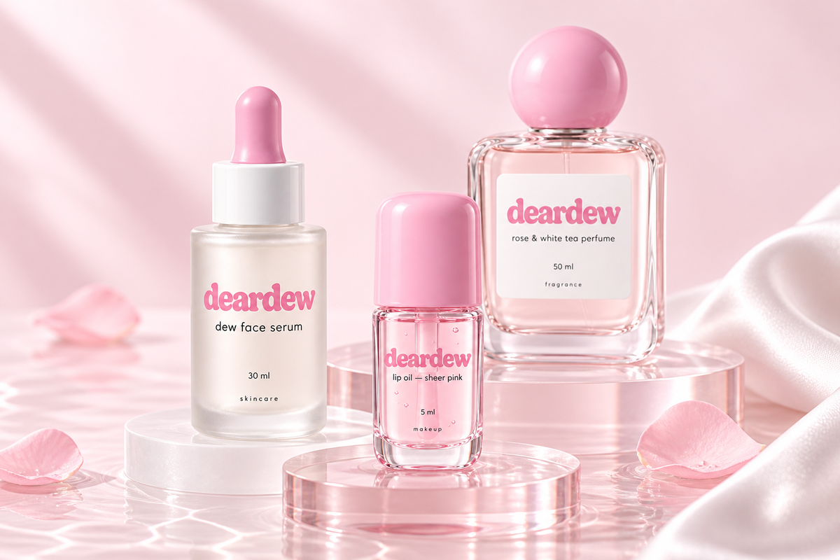 Dear Dew face serum, lip oil and perfume in soft pink packaging
