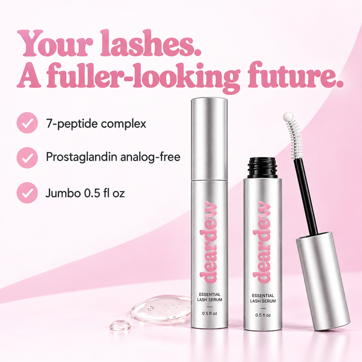 DearDew lash serum: 7-peptide complex, prostaglandin analog-free, jumbo 0.5 fl oz; open and closed views of the same product
