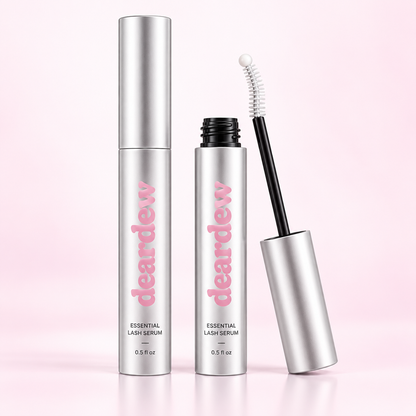 DearDew Essential Lash Serum shown open and closed with C-curl ball-tip brush; purchase includes one tube