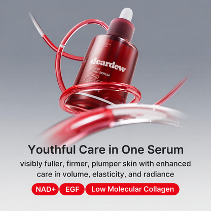 DearDew NAD+ EGF Firming Serum with red serum ribbons; care for fuller, firmer-looking skin