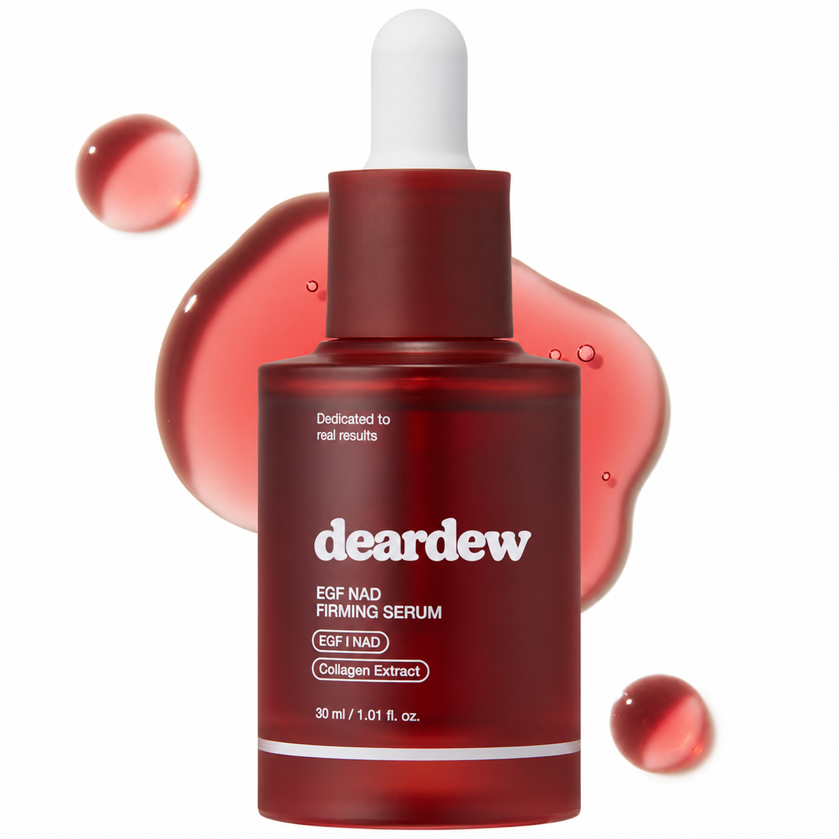 DearDew NAD+ EGF Firming Serum, burgundy-red glass dropper bottle with white DearDew logo, 30 ml