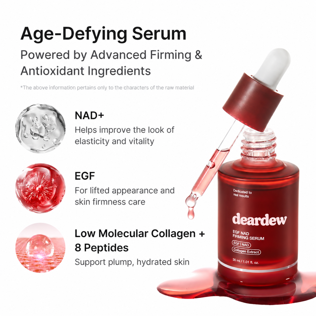 NAD+, EGF, low molecular collagen and 8 peptides in DearDew Firming Serum